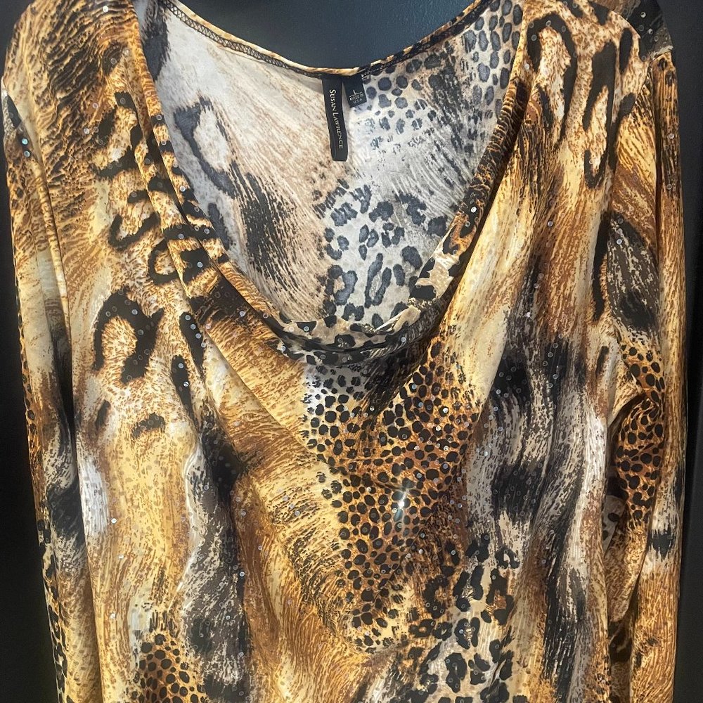 Susan Lawrence Sequin Leopard Print Cowl neck Blouse Long Sleeve Size Large